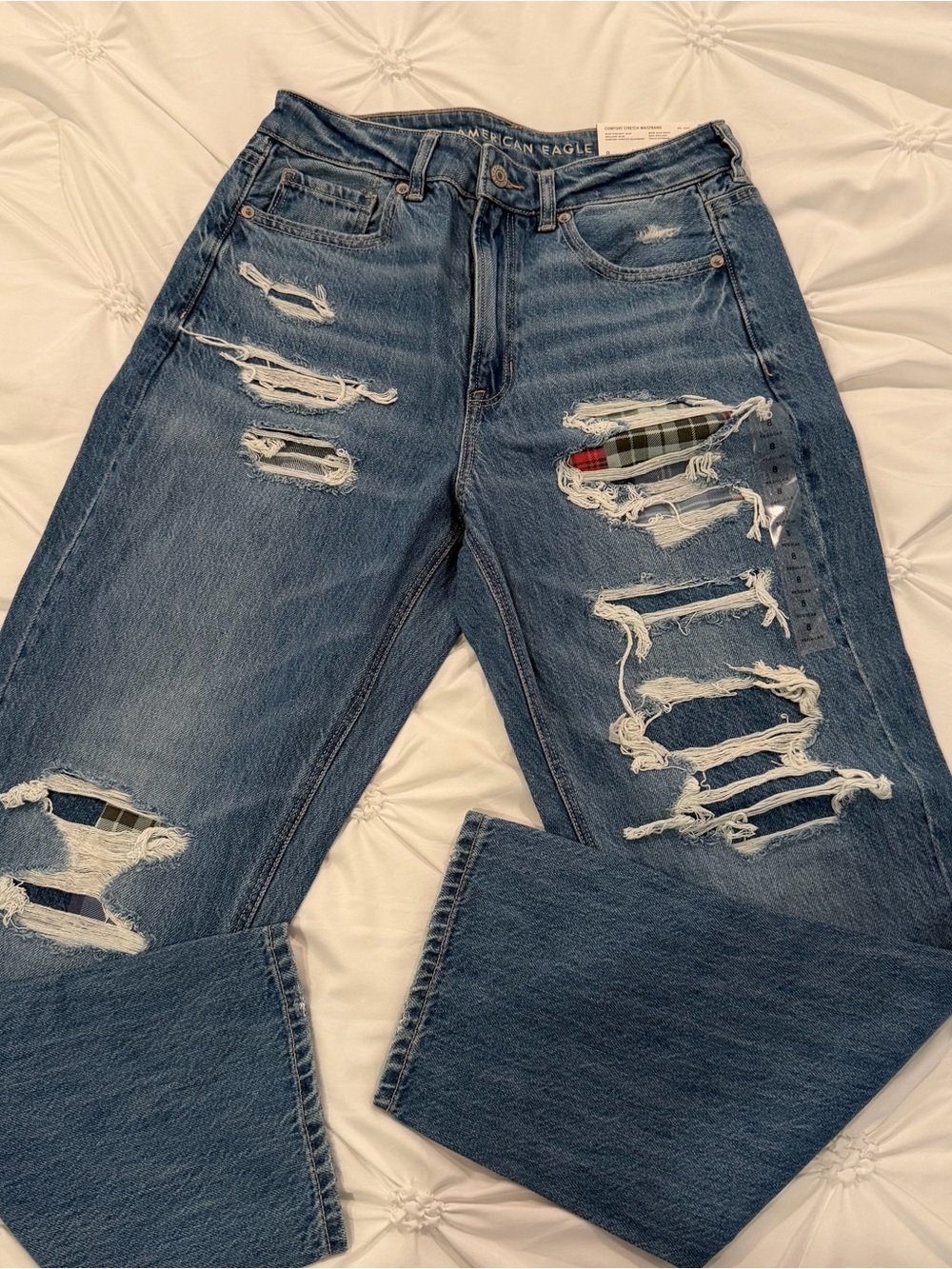 American Eagle Mom Straight Distressed Plaid Underlay Patch Jeans 8 29W